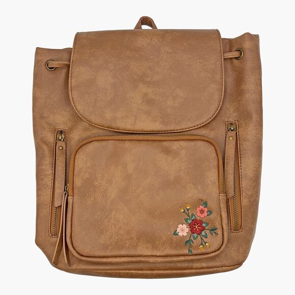 NWOT UNDER ONE SKY Faux Leather Floral Small Backpack (Tan/Cognac) - Picture 1 of 10